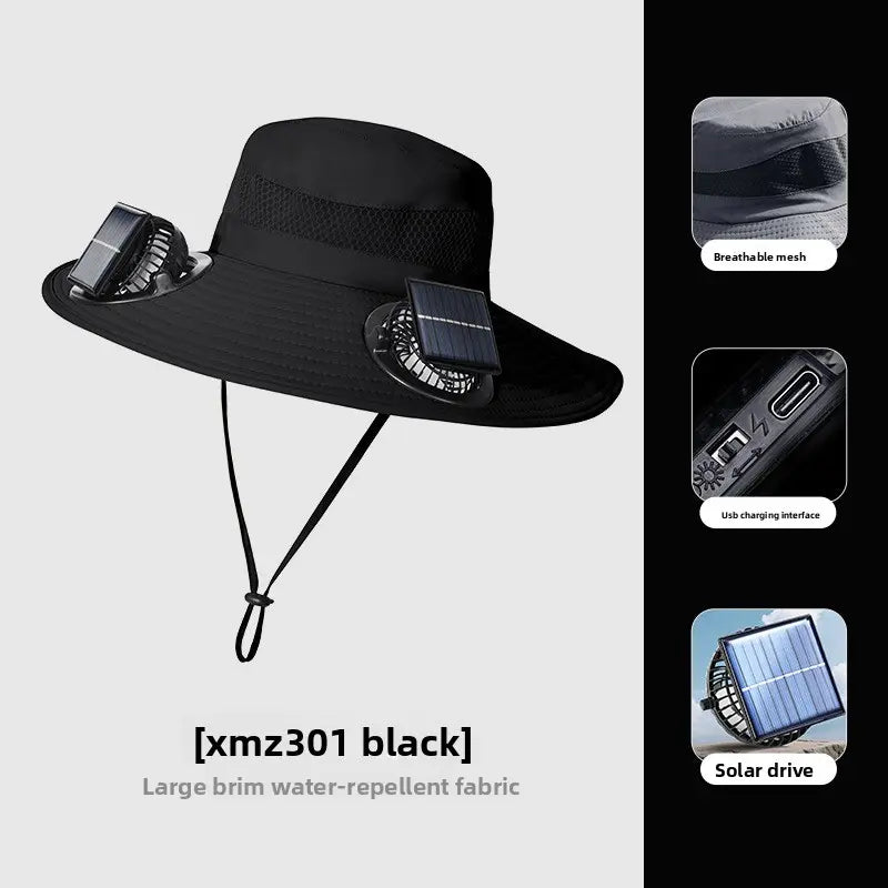 Solar Fan Hat — Wide Brim Fishing & Hiking Sun Hat with Dual Fans, USB Charging & Water-Repellent Fabric