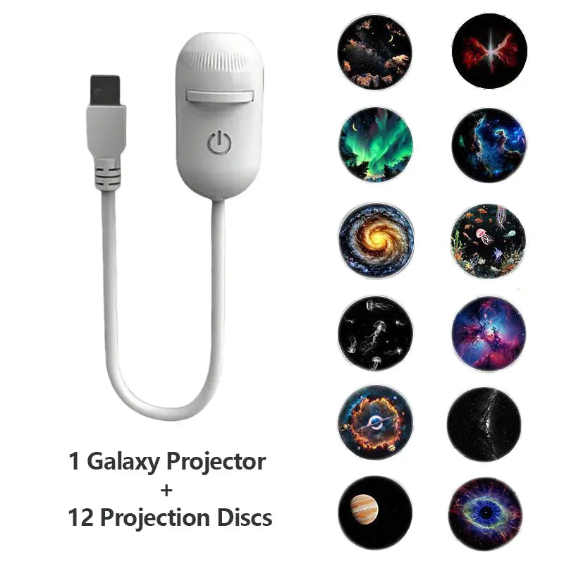 Galaxy projector projecting colorful nebula scene onto ceiling in dark bedroom