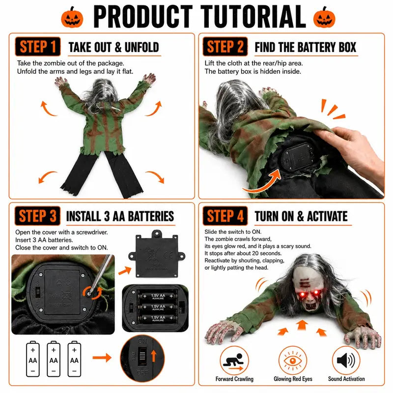 Halloween Crawling Mummy with Glowing Eyes, Spooky Terrifying Sound, Voice-Controlled, Electric Crawling, Perfect for Halloween Decorations