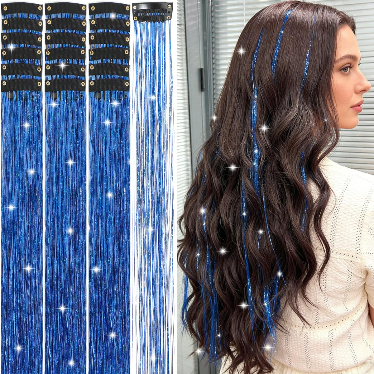 Hair Tinsel Kit 18 Pcs - Clip-In Fuller Sparkle, Heat Resistant Glitter Hair Extensions, Fairy Silver Hair Accessories for Women & Girls