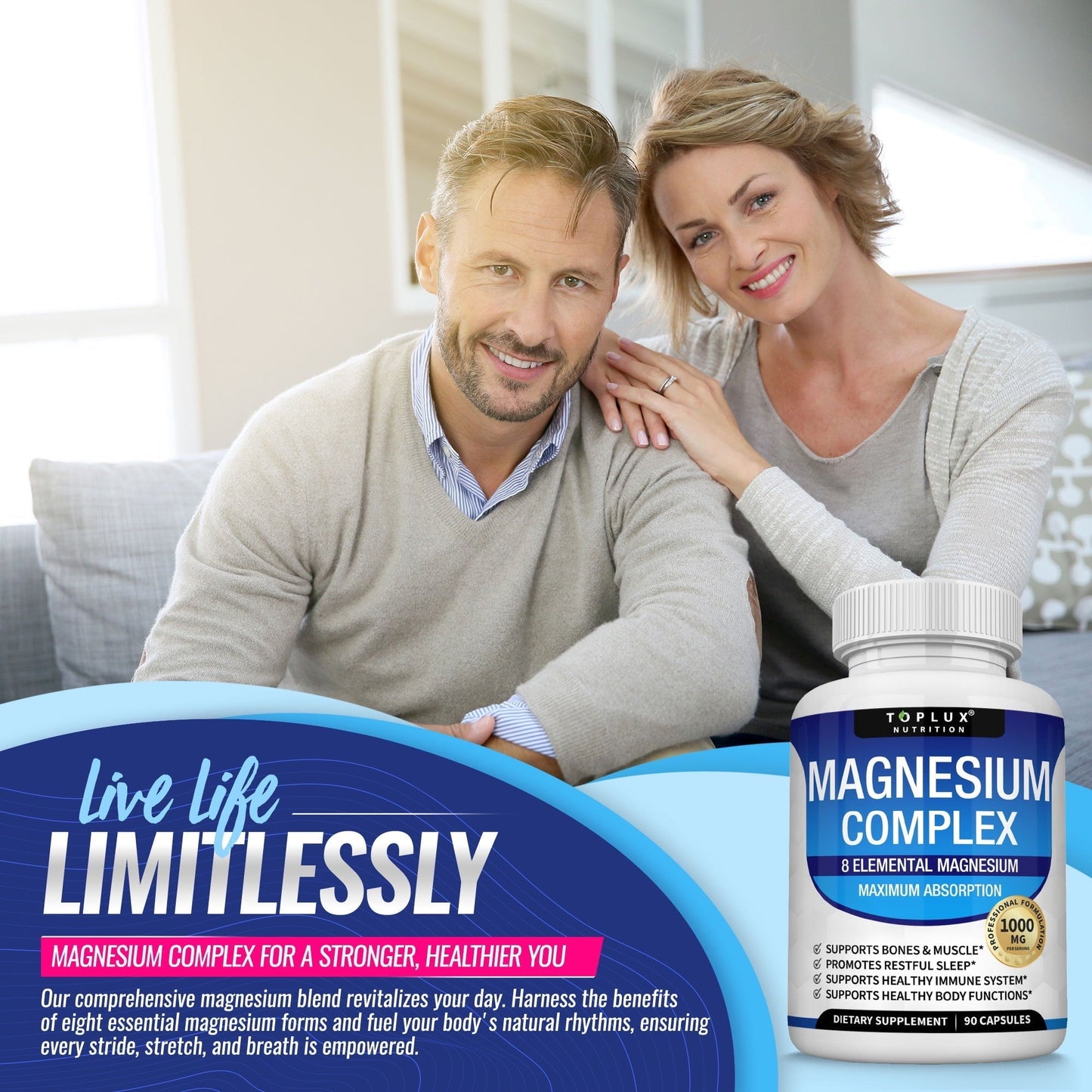 Toplux Magnesium Complex 8 Elemental Magnesium Supplement 1000mg Glycinate, Citrate, Malate, Taurate