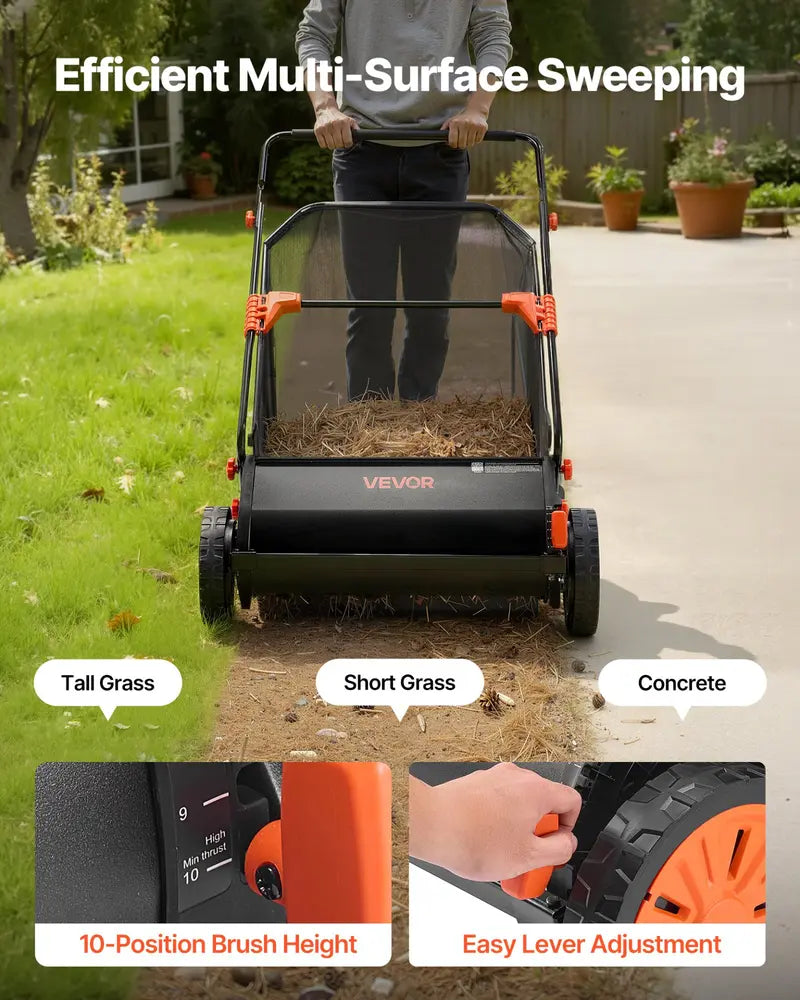 VEVOR 26-Inch Push Lawn Sweeper - 7 Cu. Ft. Hopper Bag Leaf & Grass Collector