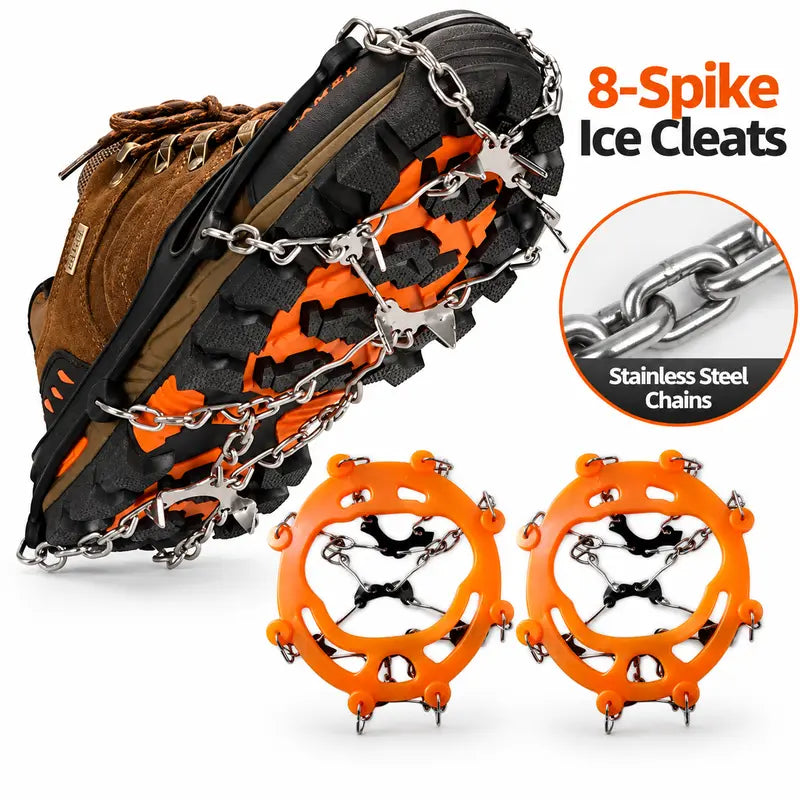 Ice Cleats for Shoes & Boots, 8-Spike Stainless Steel Traction Grips for Snow & Ice