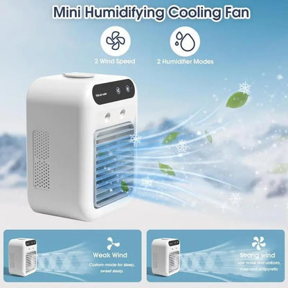 Mini air cooler on nightstand at night showing ≤20dB low speed for sleep and ≤40dB high speed for leisure — two wind speeds adjustable