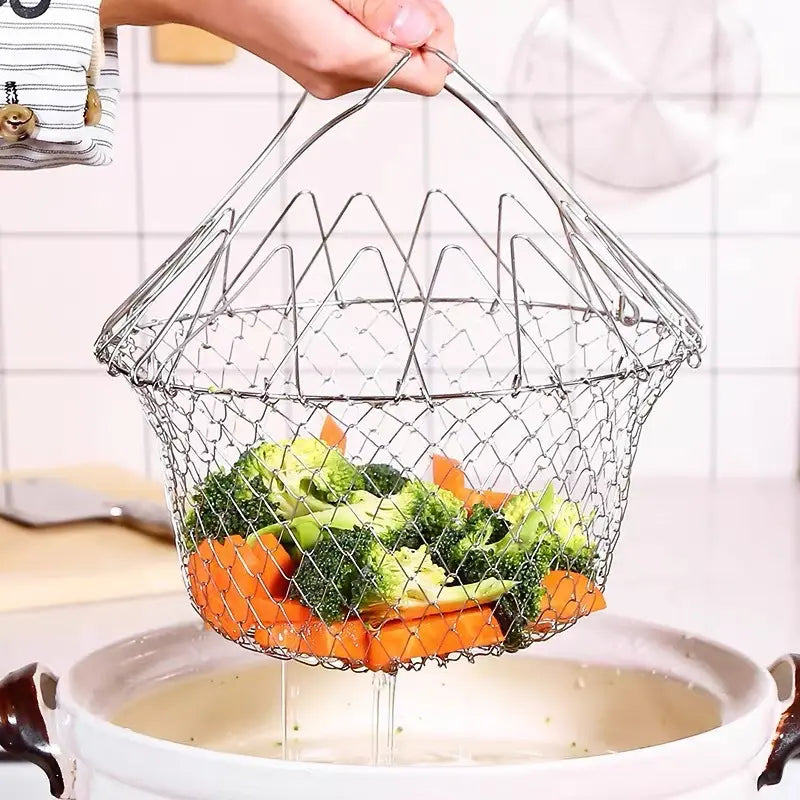 Stainless Steel Deep Fry Basket - Foldable Oil-Draining Strainer for French Fries & Chicken Nuggets