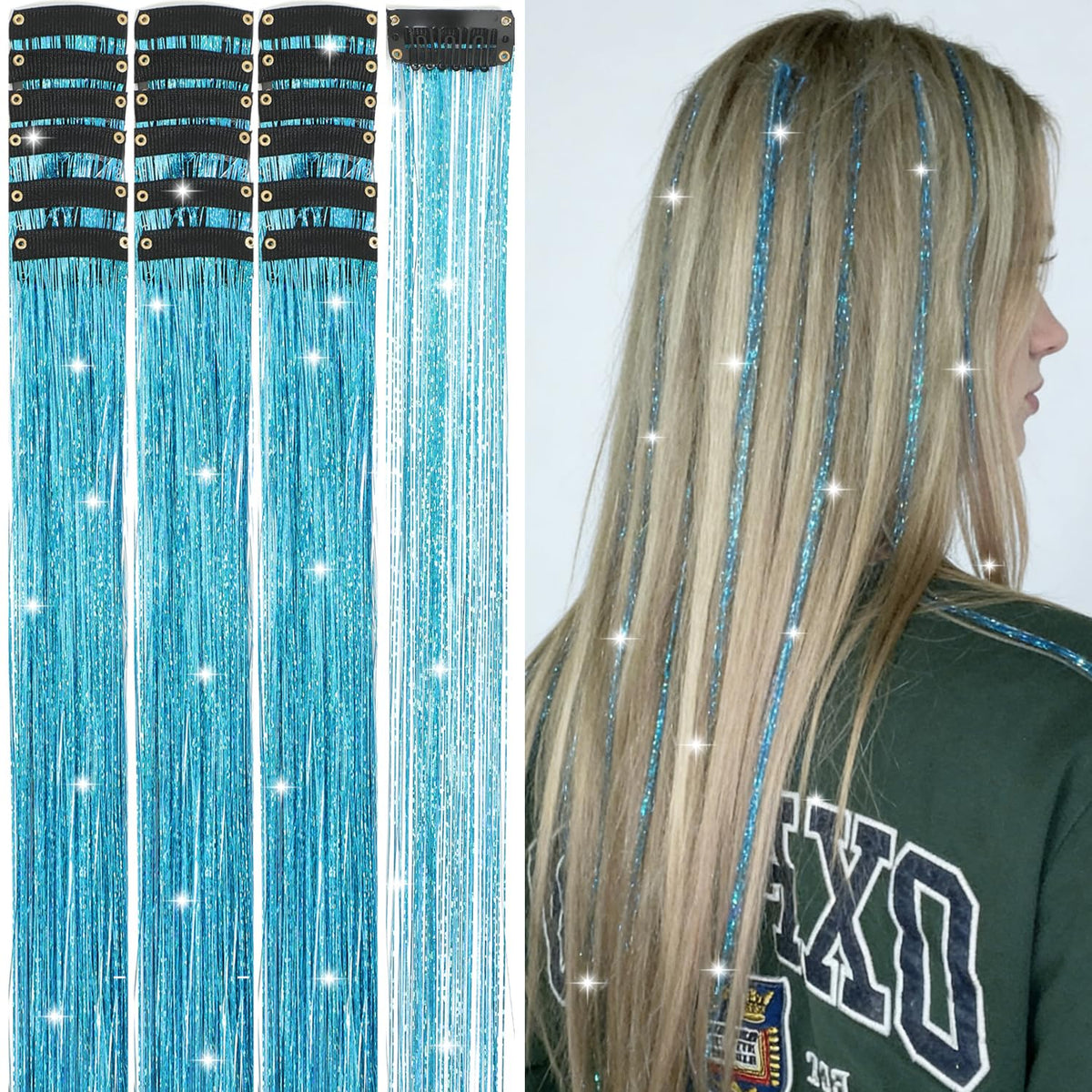 Hair Tinsel Kit 18 Pcs - Clip-In Fuller Sparkle, Heat Resistant Glitter Hair Extensions, Fairy Silver Hair Accessories for Women & Girls