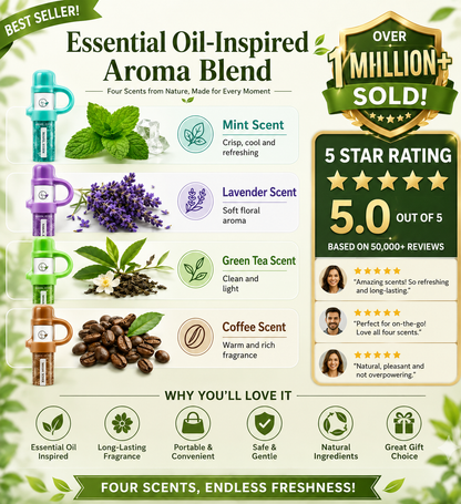 Essential Oil Aroma Stick, Portable Aroma Stick with Menthol & Plant Essential Oils, Pocket-Size Personal Care Accessory for Travel, Work, Study & Daily Use, 4 Scents
