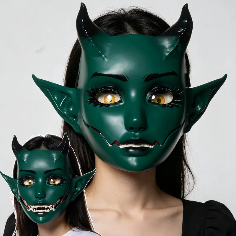 3D Moving Mouth Demon Full-Face Mask, Horned Elf Halloween Cosplay Mask