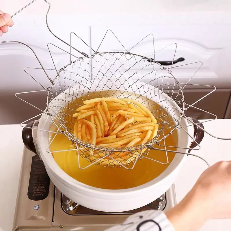 Stainless Steel Deep Fry Basket - Foldable Oil-Draining Strainer for French Fries & Chicken Nuggets