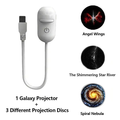 Galaxy projector lifestyle shot — starry sky projection on bedroom ceiling with warm ambient glow