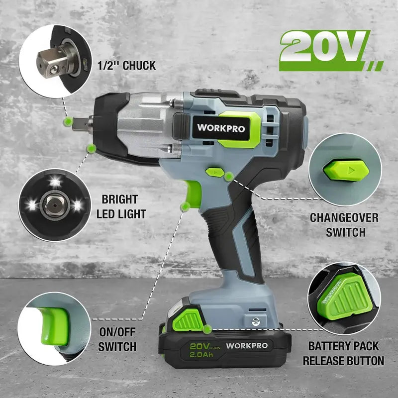 WORKPRO 20V Cordless Impact Wrench, 1/2" Drive, 320 Ft-Lbs Max Torque
