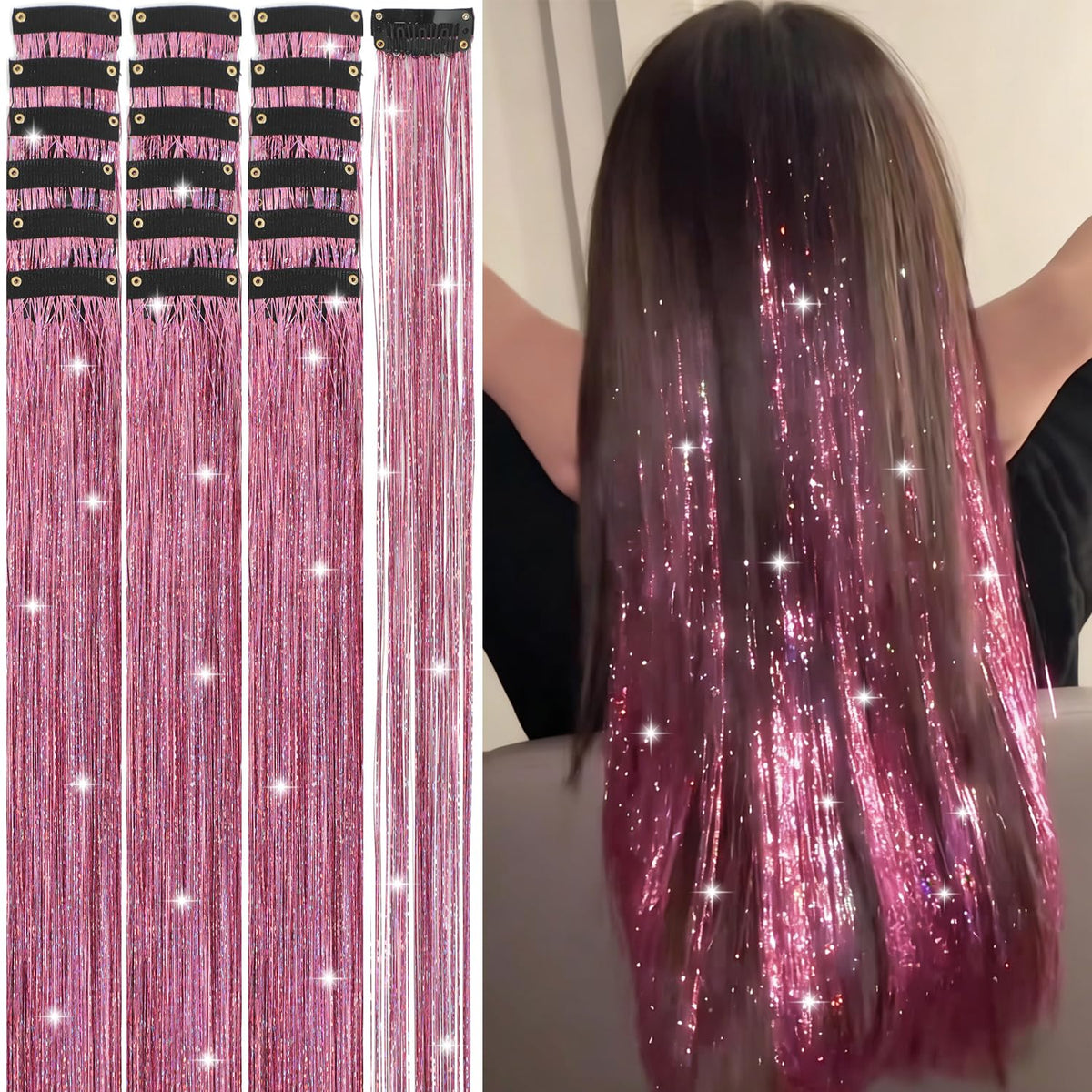 Hair Tinsel Kit 18 Pcs - Clip-In Fuller Sparkle, Heat Resistant Glitter Hair Extensions, Fairy Silver Hair Accessories for Women & Girls