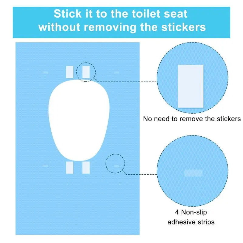 Disposable toilet seat cover placed on toilet seat with 10 individual packs shown
