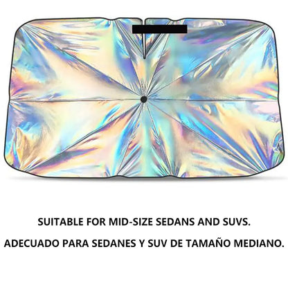 Umbrella-Style Car Windshield Sunshade – Holographic UV Block, No-Install Foldable, Reduces Cabin Temp to 87.8°F | Compact Sedan & Mid-Size SUV