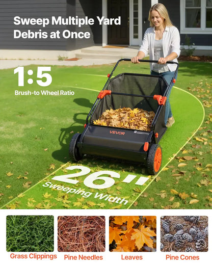 VEVOR 26-Inch Push Lawn Sweeper - 7 Cu. Ft. Hopper Bag Leaf & Grass Collector