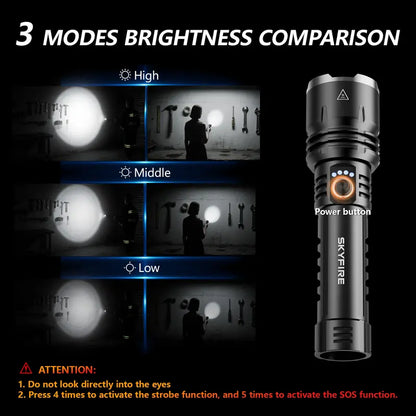 SKYFIRE 1376 Rechargeable LED Tactical Flashlight - 1500 Lumens, Zoomable, 5 Modes, Waterproof