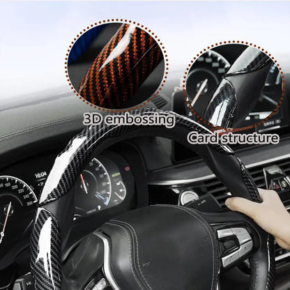 Carbon Fibre Steering Wheel Cover – Anti-Slip & Waterproof, 3D Embossed Card Structure, Universal O-Type & D-Type Fit | Black Red Blue  Four-Season Car Interior Accessory