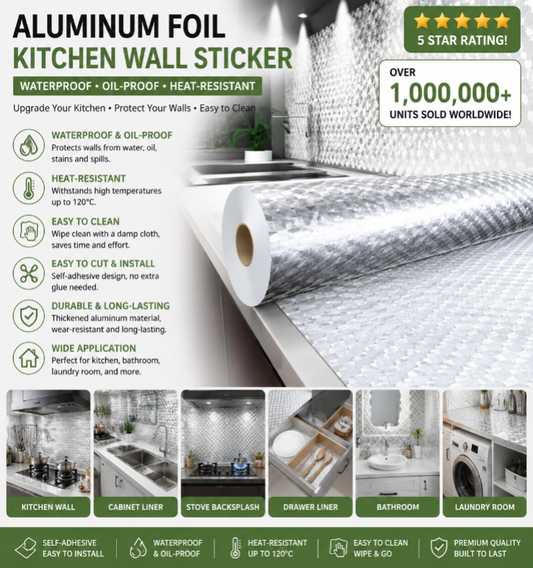 Aluminum Foil Kitchen Wall Sticker – Peel & Stick, Waterproof Oil-Proof Heat-Resistant up to 120°C |Self-Adhesive Contact Paper | Kitchen, Bathroom, Drawer Liner