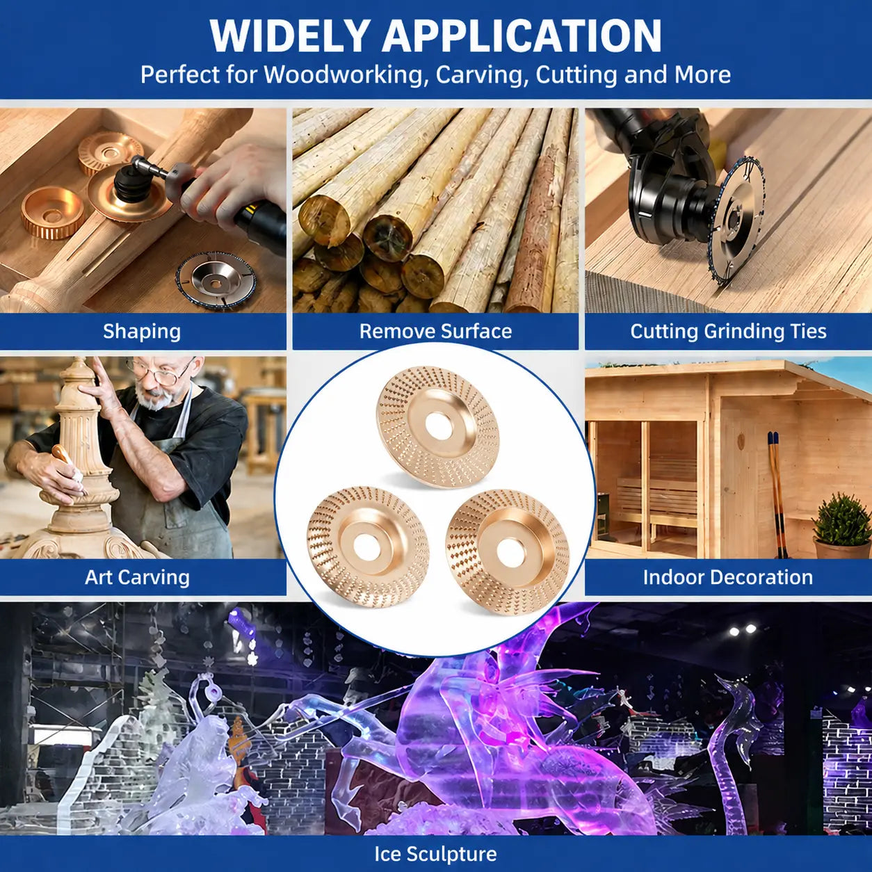 Wood Carving Disc Set for Angle Grinder 3Pcs, Grinding & Shaping Wheel for Wood Cutting, Durable Grinder Attachment Set